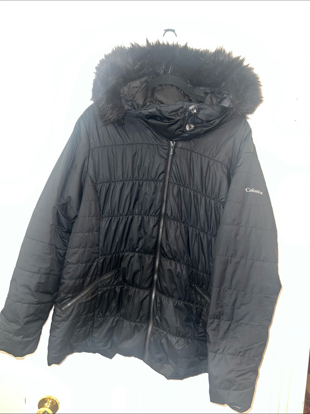 Black Quilted Hooded Puffer Coat with Faux Fur Trim